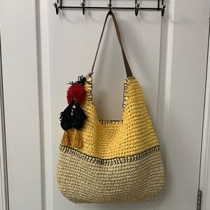 Yellow and Cream Woven Straw Tote Bag
